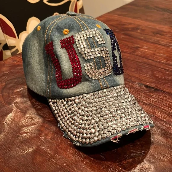 USA Ball Cap Hat stone flash bling Denim sequence Adult one size strap back vntg - Picture 2 of 12